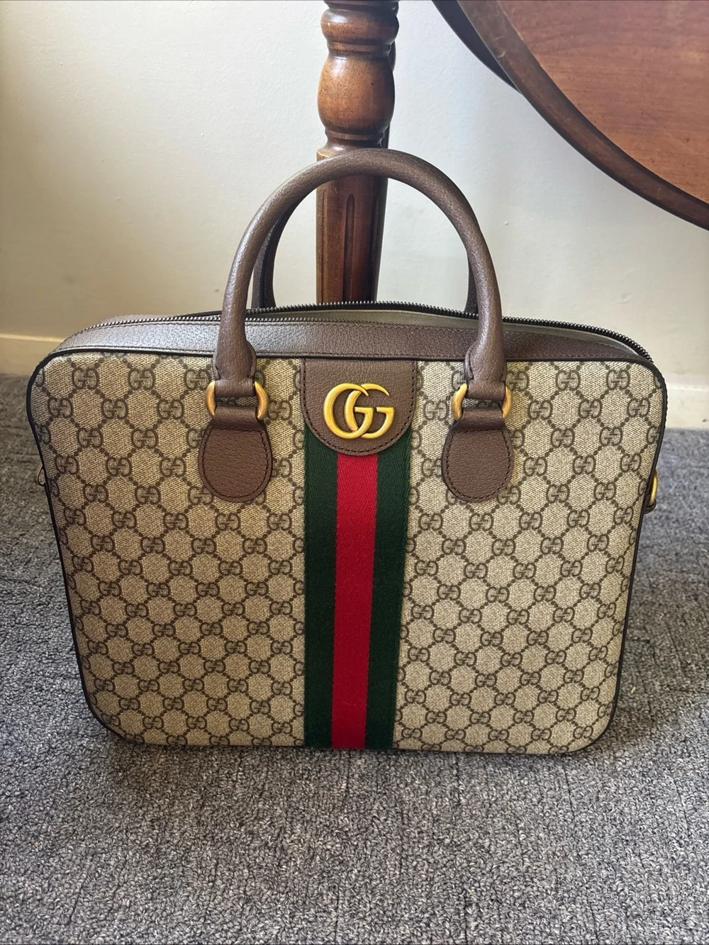 Gucci Brown GG Supreme Briefcase with Green and Red Web Stripe